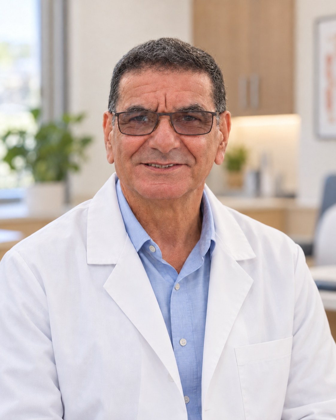 Portrait du Dr Makhlouf, radiologue, portant une blouse blanche et des lunettes.